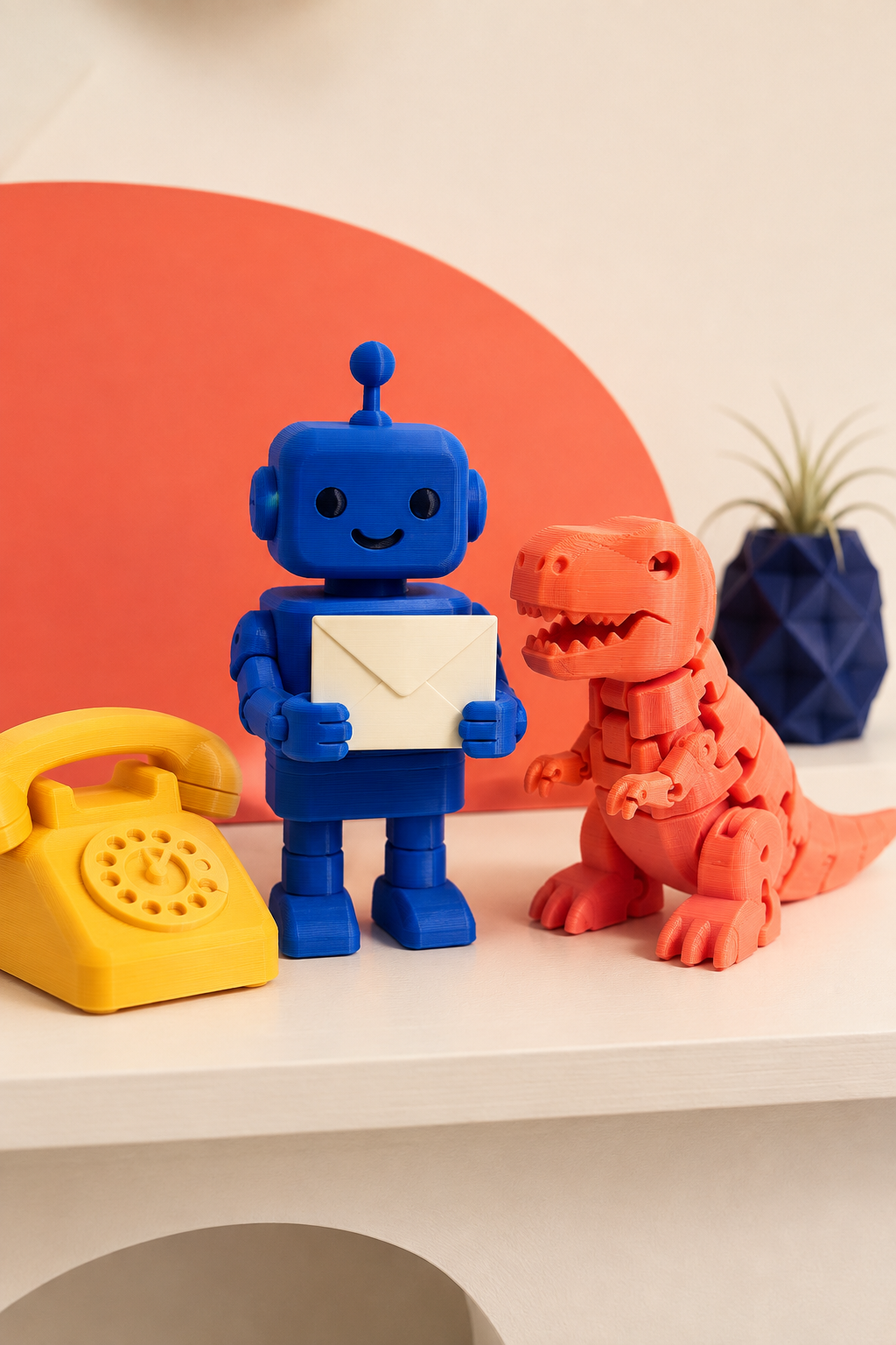 A blue 3D-printed robot holding an envelope beside a coral dinosaur and yellow telephone
