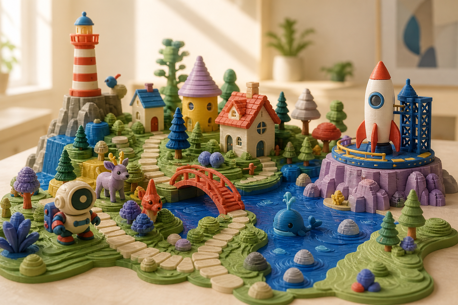 A colourful 3D-printed miniature world